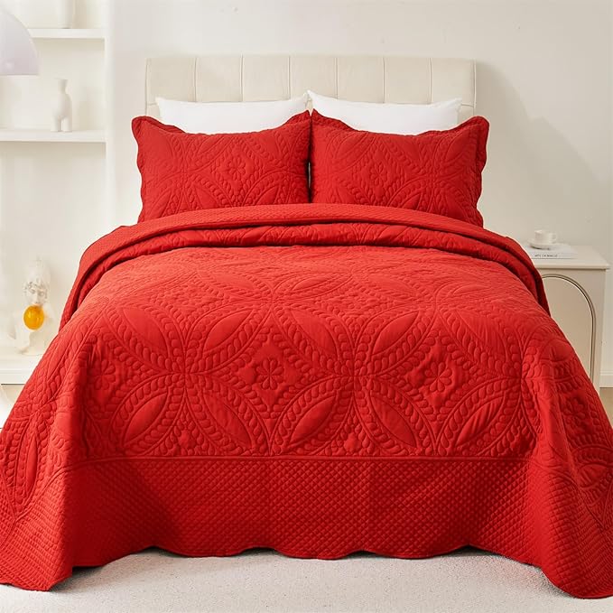 Cmfshape King Bedspread 106"x96",3 Piece King Quilt with 2 Shams,Lightweight Red Quilt Set for All Season,Modern Coin Pattern Bedding Set(1 Quilt,2 Pillowshams)