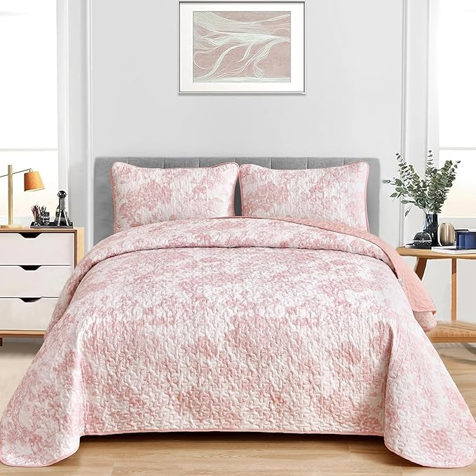 WONGS BEDDING Quilt Set Queen Size, 3 Pieces Pink Floral Plants Printed Bedspread Coverlet Set Soft Lightweight Microfiber Botanical Bedding Set for All Season (96"x90")
