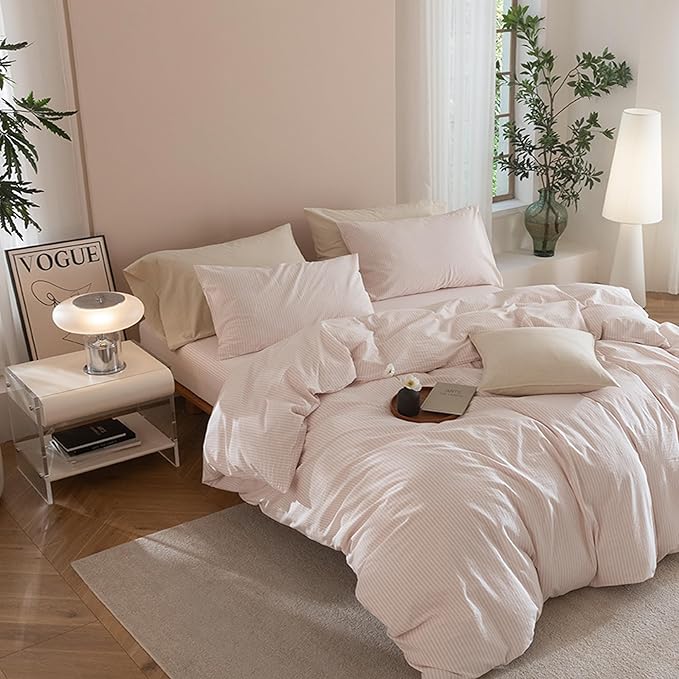 JIYUAN 100% Washed Cotton Striped Duvet Cover Set 3 Pieces King, 1 Duvet Cover and 2 Pillowcases(Comforter Not Included),Linen Like Comfy and Breathable,Pinstripes - Greyish Pink White