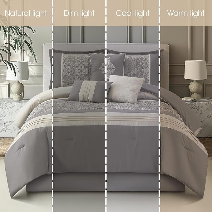 Grand Avenue 7 Piece Grey Comforter Set King Size, Damask Jacquard Home Decor, Matcking Bed Skirt,Decorative Pillows & Shams, Suitable for All Season