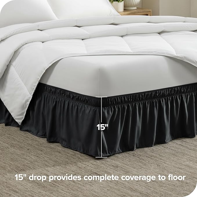 Bare Home Wrap Around Bed Skirt - for Queen Size Beds with 15 inch Tailored Drop - Easy Fit Elastic Strap - Adjustable and Ruffled Style - Wrinkle, Fade, and Stain Free (Queen, Black)