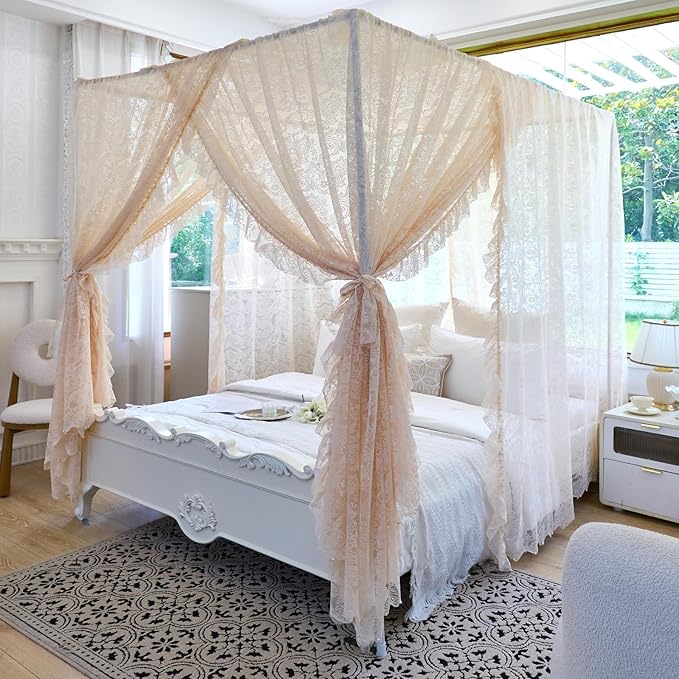 AIKASY Elegant Lace Princess 4-Poster Bed Canopy Mosquito Net - Romantic Wedding Bridal Bedroom Decor, Kids Room Bed Curtain for Women Adults - (Cream-1,Full)