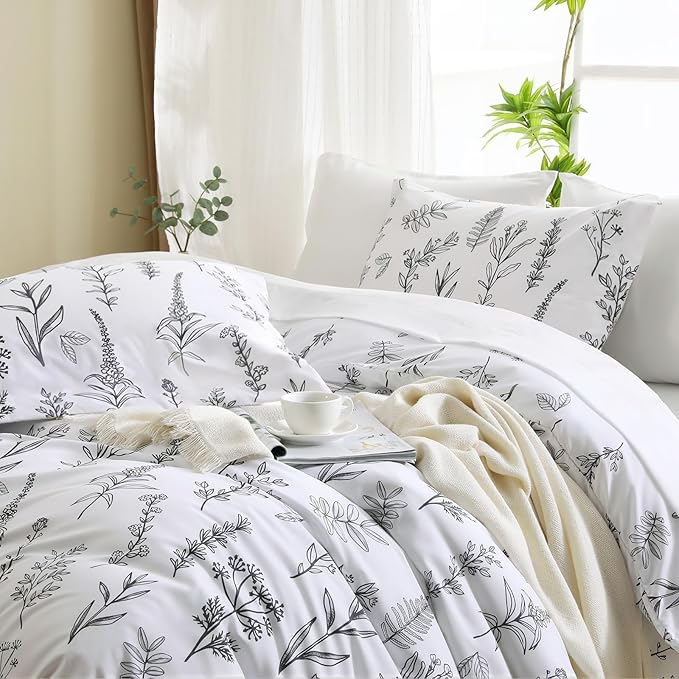 MUXHOMO Duvet Cover Full Size, Reversible Floral White Duvet Cover Set with Zipper Closure, 3 Pieces Botanical Patterns Soft Microfiber Bedding Set with 4 Ties