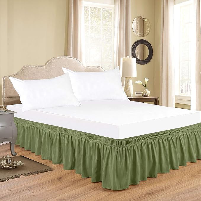 Bed Skirt Three Sides Fabric Adjustable Elastic Wrap Around Dust Ruffled Bed Skirts Full, Sage, 16 Inch Tailored Drop