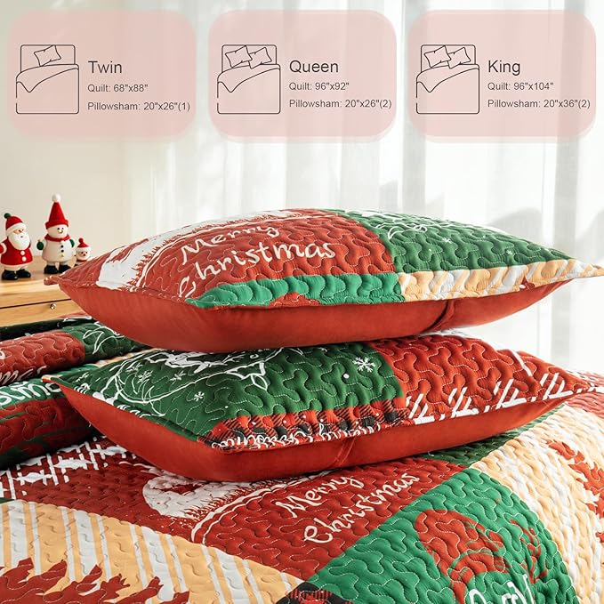 Whale Flotilla Christmas Quilt Twin Size, Soft Boho Patchwork Bedspreads for Bed Reversible Lightweight Twin Quilt Bedding Set Coverlets with 1 Pillow Sham for All Seasons, Happy Christmas