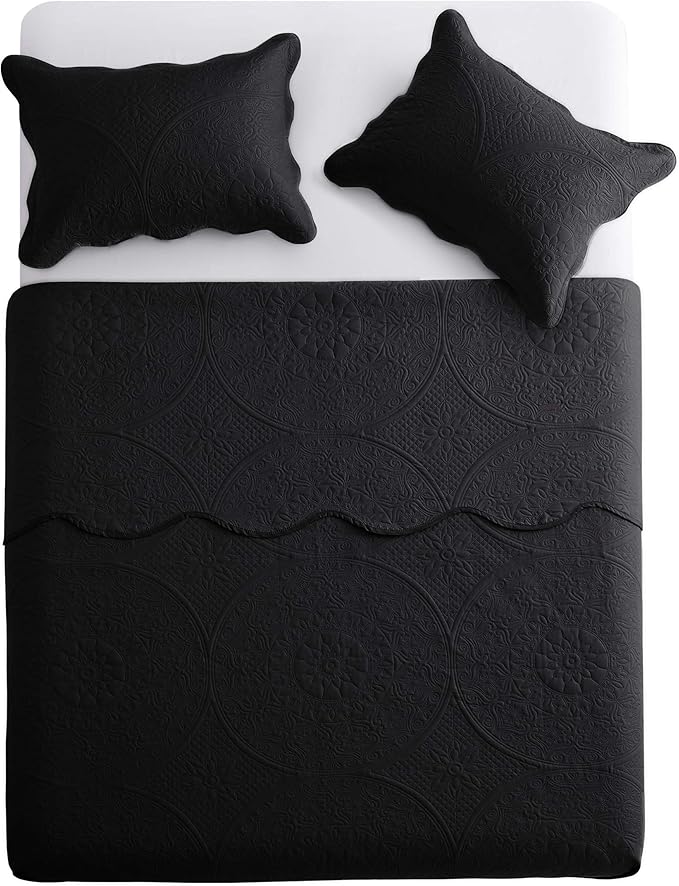 MOONLIGHT20015 Twin Quilt Bedding Set Size (66" x 86 ") + 1 Pillow Shams (20" x 26" + 2") - 2 Pcs All Season Lightweight Reversible Microfiber Coverlet Floral Embossed Quilt Bedspread (Black)