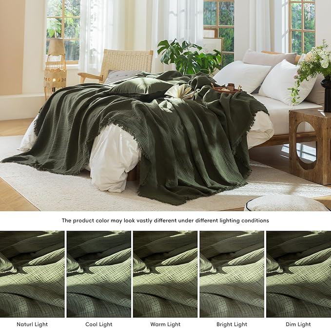 MooMee Muslin Blanket - 100% Cotton 4-Layer Gauze Throw Blanket with All-Around Fringe, Ultra-Soft Breathable Lightweight Cooling Decorative for Bed, Sofa & Couch (Olive Green,Super King 108" x 98")