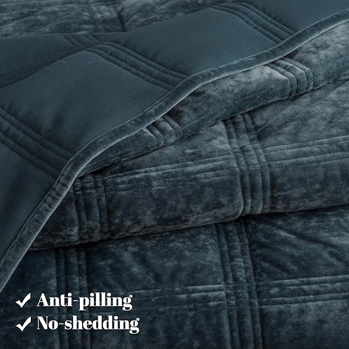 PHF Ultra Soft Velvet Quilt Set Twin Size – 2PCS Luxurious Cozy Quilted Comforter Alternative with Diamond Pattern, Warm Quilted Bedspread Coverlet, 68" x 92", Stormy Blue