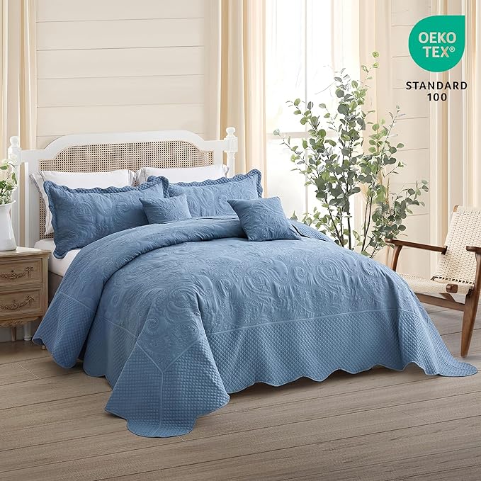 Oversized King Bedspread, Paisley Pattern Design, Lightweight Bedding Cover, Reversible, 5 Piece, 100% Microfiber, Smokey Blue