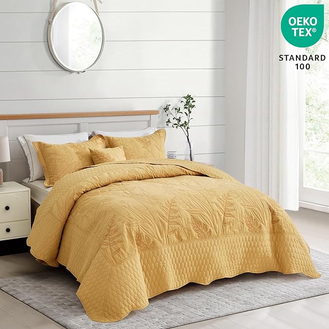 Botanical Oversized Bedspread Queen Size - Leaves Pattern Stitching Quilt Set - Elegant & Fresh Style Bedding Coverlets, Reversible, Lightweight, 5 Piece, Honey Gold