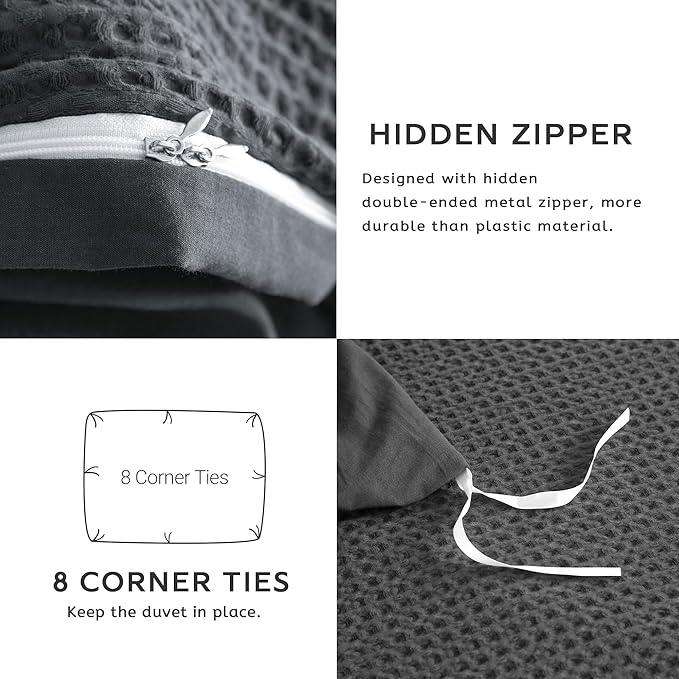 SE SOFTEXLY Waffle Duvet Cover Queen, 100% Cotton Waffle Weave Bedding Duvet Cover Set, Soft and Breathable Comforter Cover for All Season, 3 Pieces Including Pillow Shams（Dark Grey, 90”x90”）