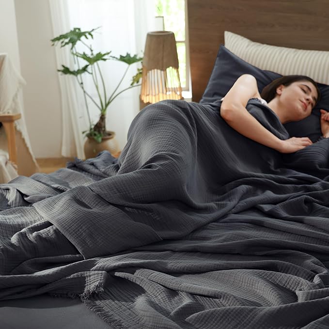 MooMee Muslin Blanket - 100% Cotton 4-Layer Gauze Throw Blanket with Tassels Ultra-Soft Breathable Lightweight Cooling for Bed Couch (Dark Grey,Oversized Queen 98" x 98")