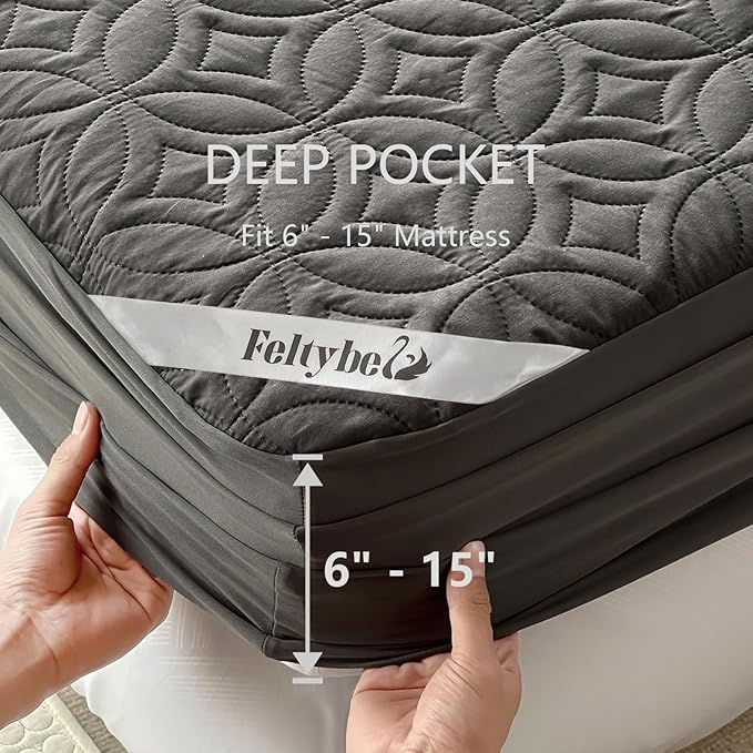 FELTYBED Queen Size 60"x80" Waterproof Mattress Protector, Soft Bed Grey Mattress Cover Queen, Breathable Mattress Pad Cover with Deep Pocket 6"- 15", Noiseless Washable