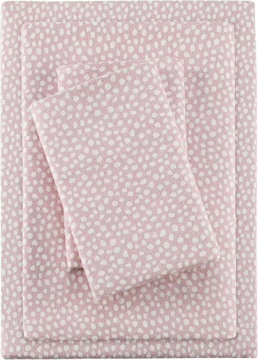 True North by Sleep Philosophy Cozy Flannel Warm 100% Cotton Sheet - Novelty Print Animals Stars Cute Ultra Soft Cold Weather Bedding Set, King, Blush Dots 4 Piece