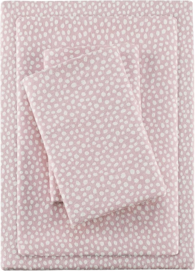 True North by Sleep Philosophy Cozy Flannel Warm 100% Cotton Sheet - Novelty Print Animals Stars Cute Ultra Soft Cold Weather Bedding Set, Full, Blush Dots 4 Piece