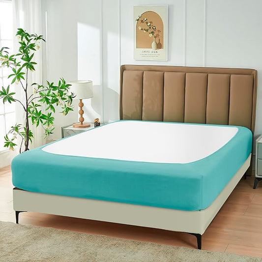 Biscaynebay Decorative Box Spring Cover Queen Size, Aqua Luxurious Jersey Knitting Stretchy Wrap Around 4 Sides Bed Skirt for Home/Hotels, Easy Fit Wrinkle & Fade Free Machine Washable