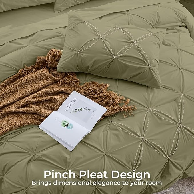 Sasttie Full Size Comforter Set, 7-Piece Bed in a Bag, Pintuck Bedding Sets for All Season, Includes Comforter, Flat Sheet, Fitted Sheet, Pillowcases and Pillowshams, Olive Green