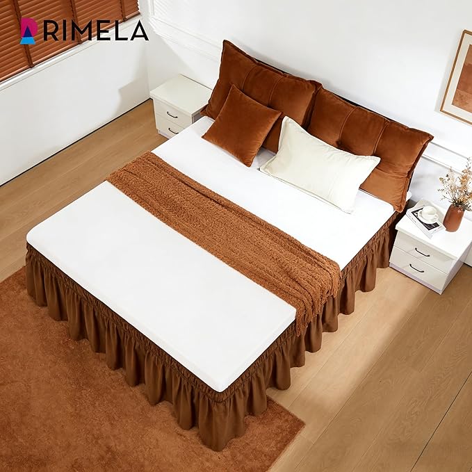 RIMELA Bed Skirt Queen Size 15 Inch Drop, Elastic Bed Skirting for Bed Base and Frame, Bedding Dust Ruffle Easy to Install, Wrap Around Adjustable Bedskirt, Chocolate Brown
