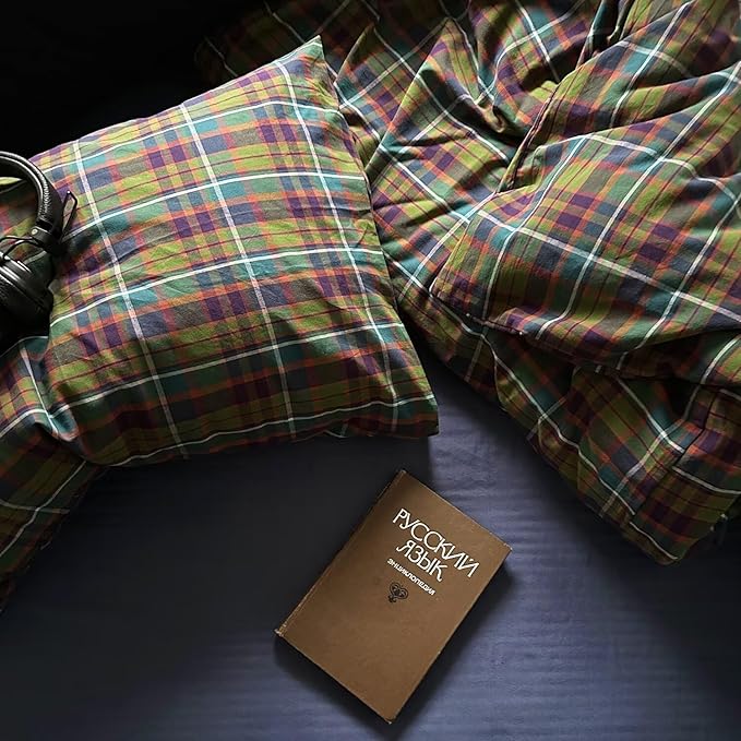 mixinni Buffalo Plaid Duvet Cover King Size - 100% Washed Cotton 3-Piece Bedding Set for All Seasons, Retro Grid Design, Soft Breathable Comforter Cover with Zipper Ties for Men, Women-King Size