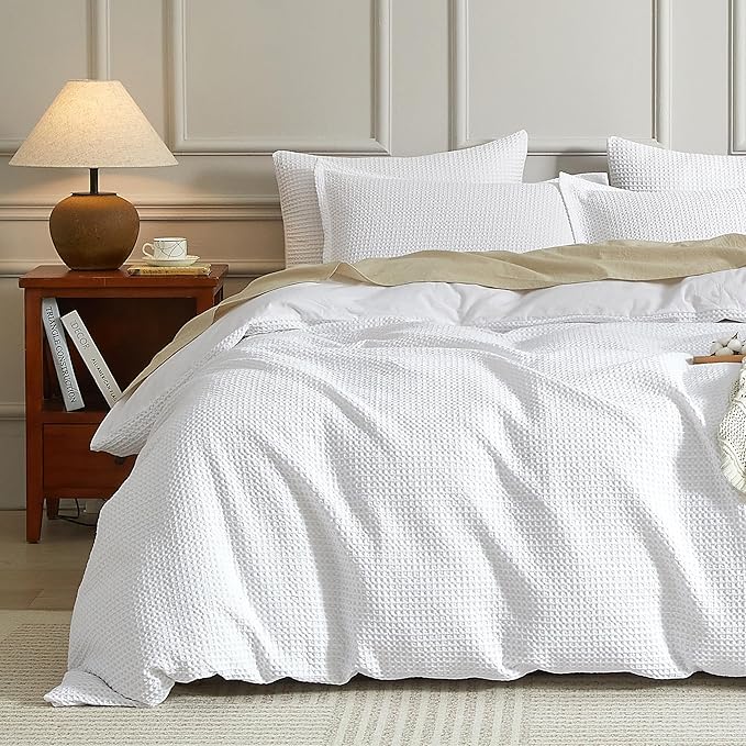 SE SOFTEXLY Waffle Duvet Cover Queen, 100% Cotton Waffle Weave Bedding Duvet Cover Set, Soft and Breathable Comforter Cover for All Season, 3 Pieces Including Pillow Shams（White, 90”x90”）