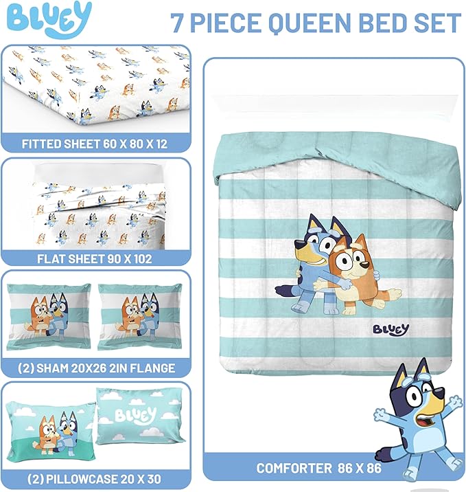 Jay Franco Bluey & Bingo 7 Piece Queen Size Bed Set - Includes Comforter & Sheet Set - Super Soft Kids Bedding Fade Resistant Microfiber