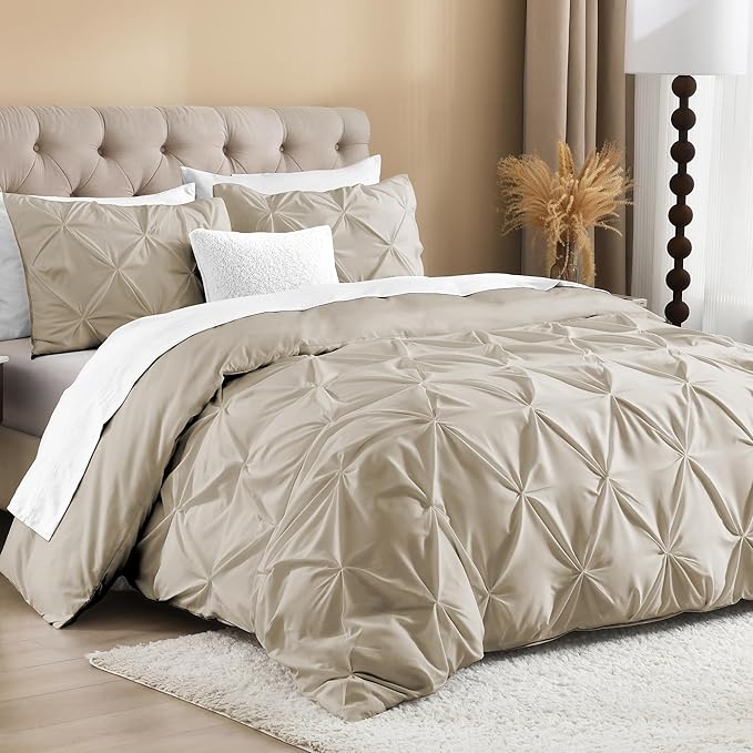 Litanika Oatmeal California King Pinch Pleat Duvet Cover, 3 Pieces Pintuck Cover Soft Microfiber Bedding Set with Zipper Closure & Corner Ties(1 Duvet Cover, 2 Pillowcases)
