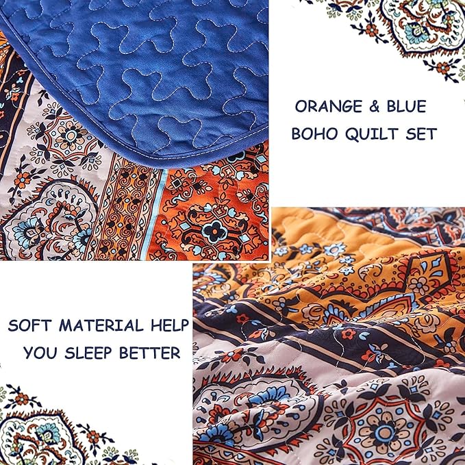 WONGS BEDDING Boho Quilt Set California King, Blue and Orange Bohemian Queen Summer Quilt Bedding Set, Lightweight Microfiber Bed Decor Bedspread for All Season 106"x96"(3 Pieces)