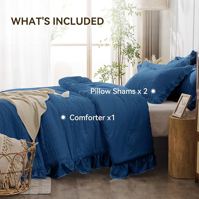 JOLLYVOGUE Teal Queen Comforter Set, 3 Pieces Seersucker Comforters Queen Size, Lightweight & Fluffy Bedding Sets Queen for All Season with 1 Ruffle Comforter and 2 Ruffle Pillowshams