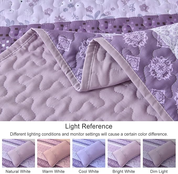 WONGS BEDDING Boho Quilt Queen Set,Purple Bohemian Striped Patchwork Bedspread Coverlet Set with 2 Pillowcases,Lightweight Microfiber Floral Quilt Bedding Set 96"×90"