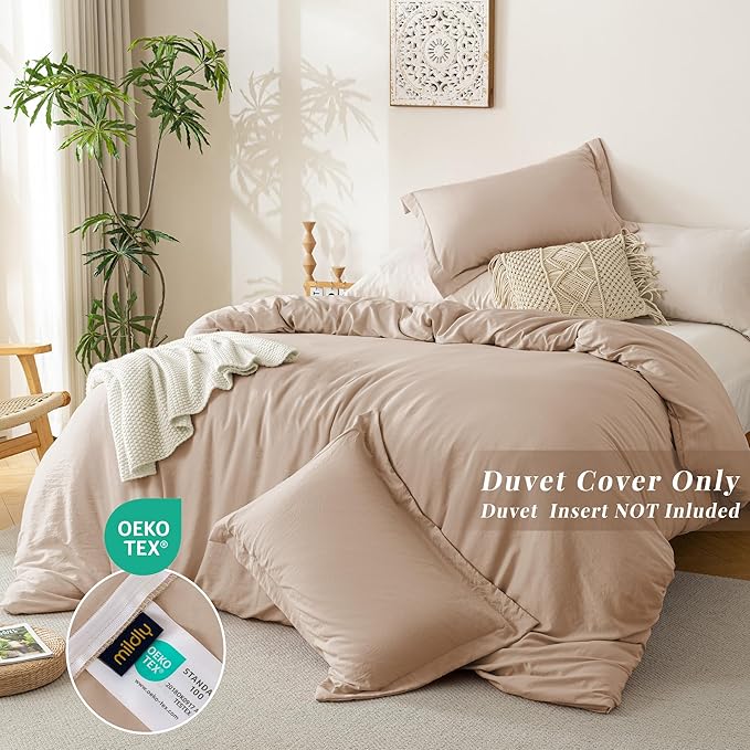 MILDLY Super Soft Duvet Cover - 100% Microfiber Polyester Rugby Tan Comforter Cover Set 3 Pieces with Zipper Closure & Corner Ties (No Comforter)