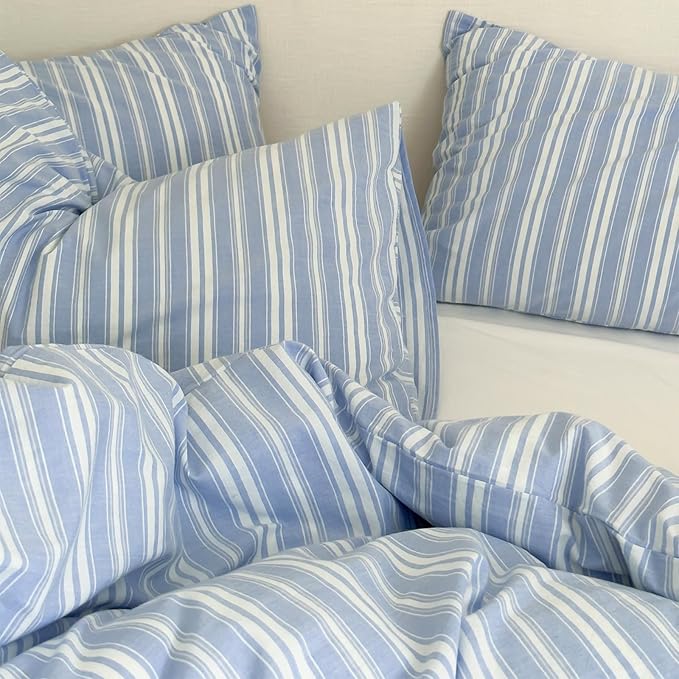 Blue Striped Duvet Cover Twin, 100% Washed Cotton Blue White Stripes Pattern Printed Bedding Set, 3 Pieces Soft Breathable Comforter Cover with Zipper Closure, Retro Striped Farmhouse Bedding Set