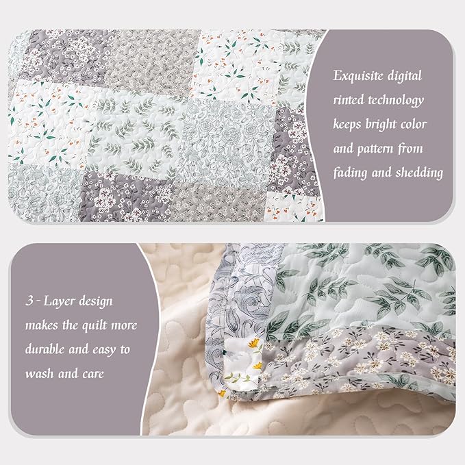 Whale Flotilla Patchwork Quilt Twin Size, Extra Soft Boho Floral Bedspreads for Bed Reversible Lightweight Twin Quilt Bedding Set Printed Coverlets with 1 Pillow Sham for All Seasons, Grey