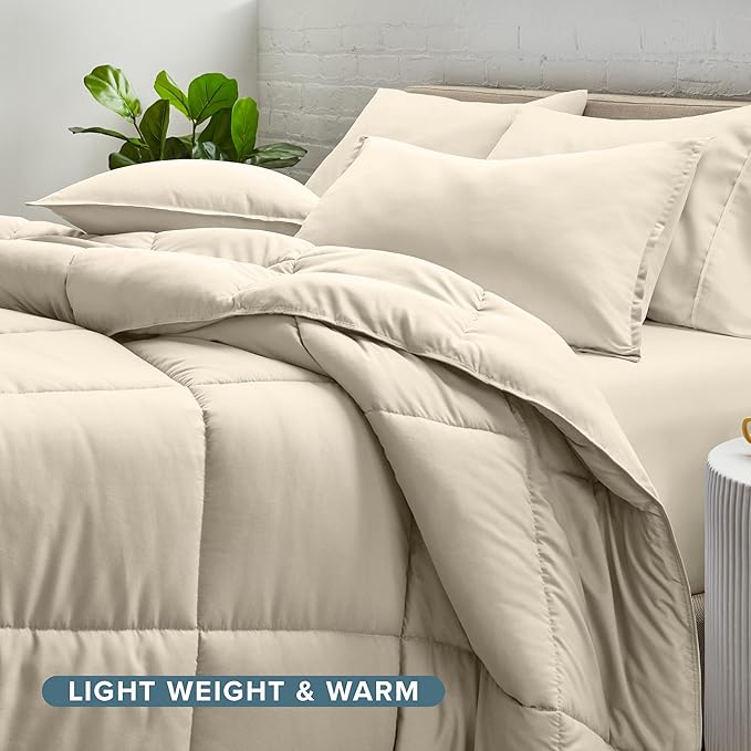 Bare Home Bed-in-A-Bag 5 Piece Comforter & Sheet Set - Twin - Goose Down Alternative - Ultra-Soft 1800 Premium Bed Set (Twin, Sand/Sand)