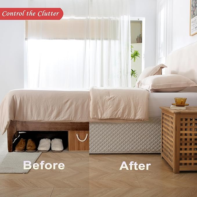 Queen Size Khaki Bed Skirt with 14-Inch Drop, Easy Fit Wrap-Around Cover for Bed, Wrinkle-Free and Fade-Resistant Box Spring Cover. (Linen Grid, Queen)
