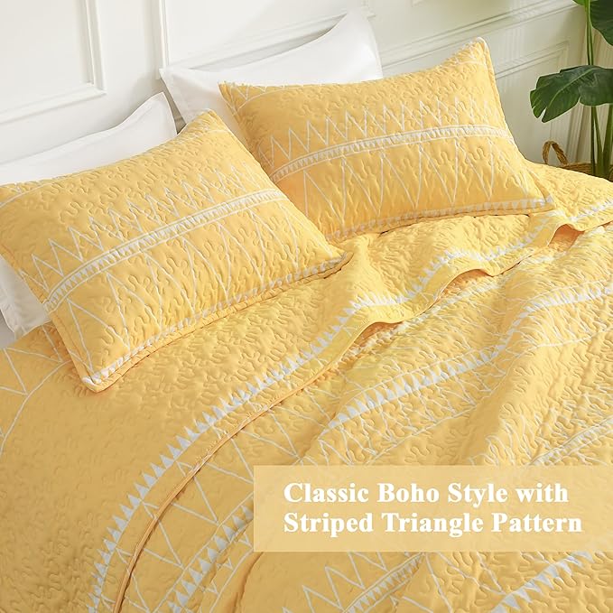 Andency Yellow Twin Quilt Set, 2 Pieces Boho Lightweight Soft Striped Bedspread for All Season (68"x86"), Printed Bohemian Microfiber Reversible Coverlet Comoforter Sets