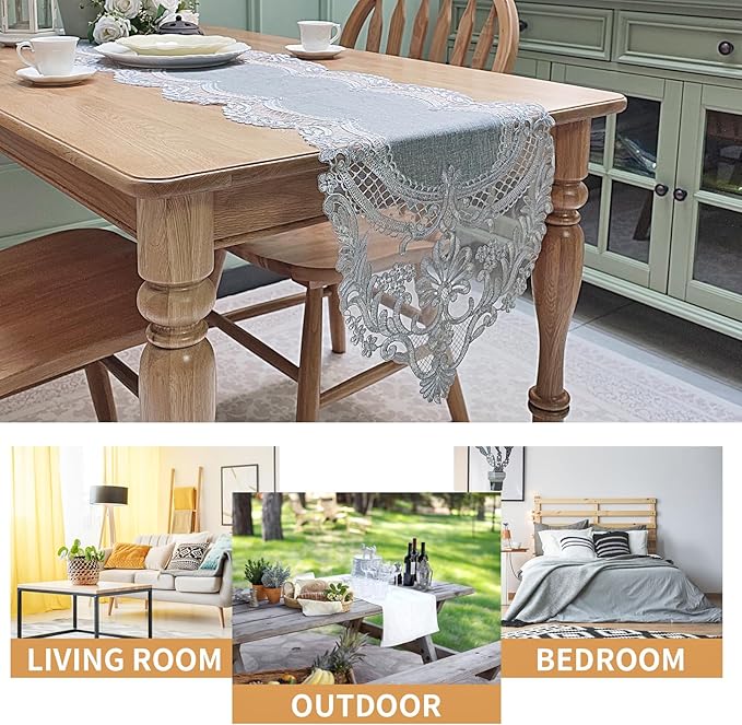 Elegant Vintage Lace Table Runner 120 inches(300cm) Long Grey Silver with Exquisite Macrame and Embroidered Floral Pattern Perfect as a Dresser Scarf (14X120'')