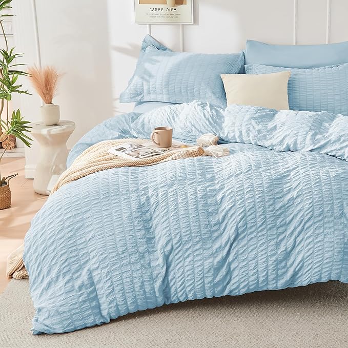 HYMOKEGE Lake Blue Duvet Cover Full Size, Ultra Soft 3-Piece Seersucker Duvet Cover Set with Zipper Closure, Soft Brushed Microfiber Bedding Set with 8 Corner Ties (80"x90", 2 Pillowshams)