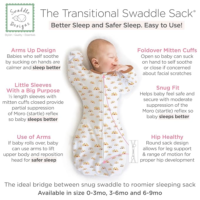 SwaddleDesigns Transitional Swaddle Sack, Arms Up Half-Length Sleeves & Mitten Cuffs, Swaddle for Newborn Transition to Baby Sleep Sack Wearable Blanket, Med, 3-6 mo, 14-21 lb, Watercolor Sunny Days