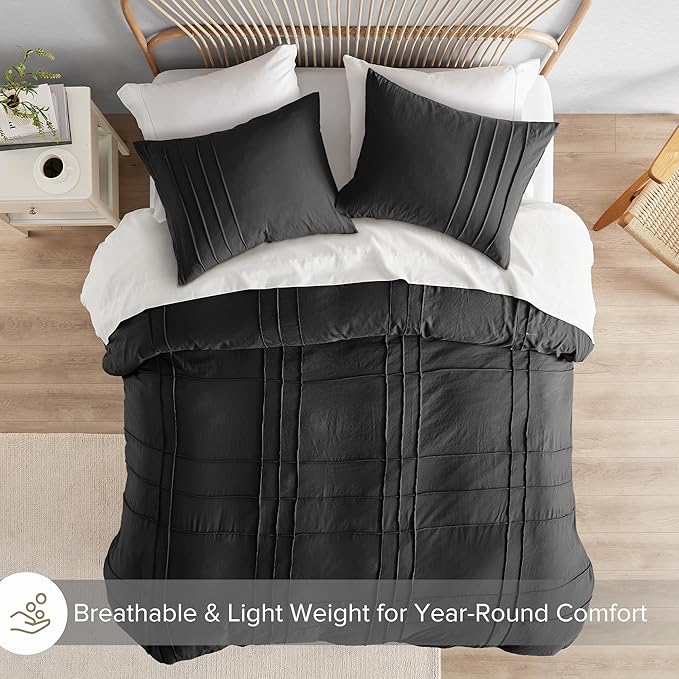 Comfort Spaces Black Queen Size Duvet Cover Set - 3 Pieces Pintuck Pleated Duvet Cover Queen, All Season Lightweight, Extra Softness Pre-Washed Microfiber Queen Bedding Cover Shams, Full/Queen