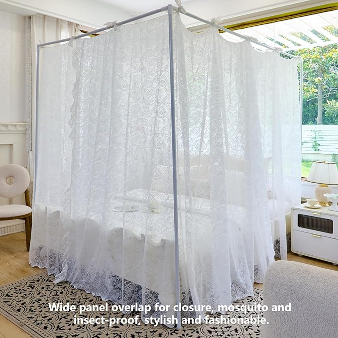 AIKASY Elegant Lace Princess 4-Poster Bed Canopy Mosquito Net - Romantic Wedding Bridal Bedroom Decor, Kids Room Bed Curtain for Women Adults - (White-3,Full)