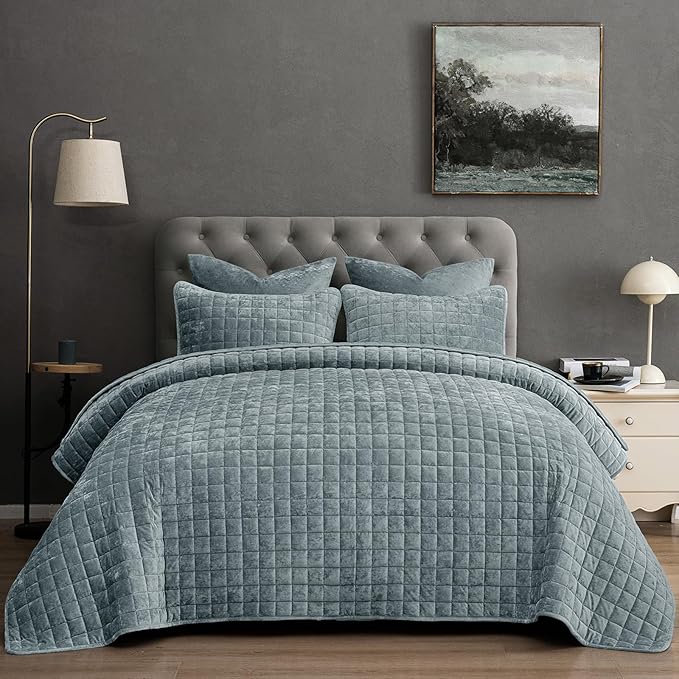 PHF Luxurious Velvet Quilt Set King Size – 3PCS Super Soft Quilted Comforter Alternative with Square-Box Quilt Pattern, Warm Quilted Bedspread Coverlet, 108" x 92", Dusty Blue