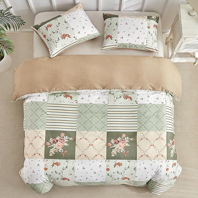 Lekesky King Size Duvet Cover Set, Patchwork Floral 3 Pieces Reversible Green Duvet Cover Set, Ultra-Soft Microfiber 3 Pieces Comforter Cover with Zipper and Corner Ties, Includes 2 Pillowcases