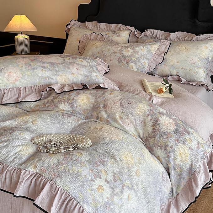 HighBuy Linen Duvet Cover Full Size,Farmhouse Purple Floral Bedding Comforter Cover with 2 Ruffle Lace Pillowcases,Chic Cottagecore Natural French Yarn-Dyed Cotton with Zipper Closure,Full