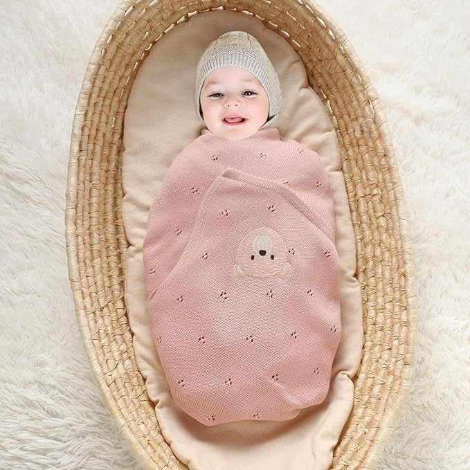 mimixiong Organic Cotton Baby Blanket Neutral Knitted Soft Crib Nursery Swaddling Receiving Blankets for Newborn Baby Boy Girl 40x30 Inch Pink