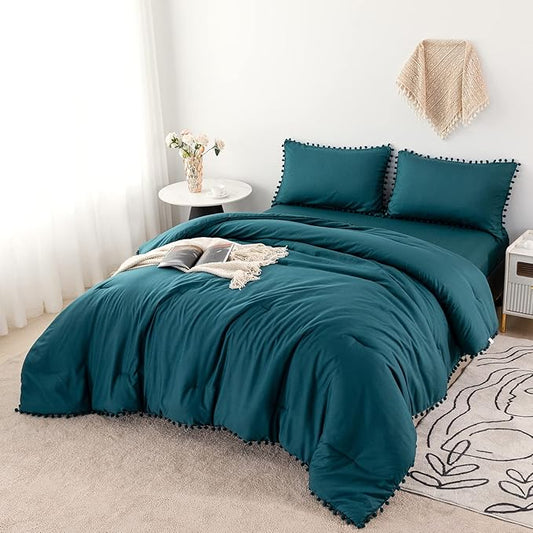 PERFEMET Teal Pom Pom Comforter Set Full 5 Pcs Farmhouse Boho Comforter with Sheet Sets(79x90inch), Soft Microfiber Lightweight Bed in a Bag for Girls Boys Kids(Teal, Full)
