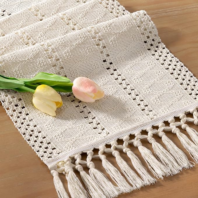 Socomi Boho Table Runner Easter Spring Farmhouse Rustic Dining Kitchen Centerpiece Decor Small Macrame Woven Cotton Linen Coffee Table Runner for Dresser Scarf Home Decor 12x36 inch Beige