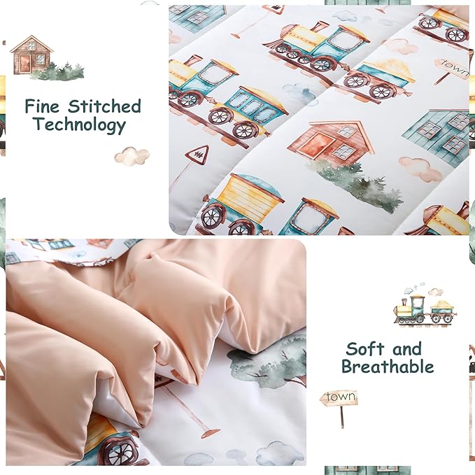 Mooreeke Kids Full Comforter Sets for Boys 8 Pieces Train Bedding Set for Teens Microfiber Country Train Town Kids Bed in A Bag with Comforter, Sheet Set, Shams and Decorative Toy Pillow All Season