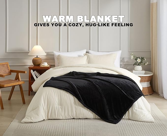 Black Twin Size Sherpa Blanket, Warm Thick Flannel Blanket for Bed, Super Soft Fuzzy Reversible Plush Blankets, Oeko-TEX Certified, Valentine’s Day Gifts, Black 60x80 Inches
