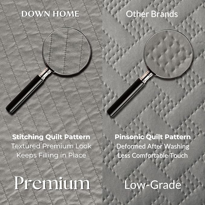 DOWN HOME Cali King Quilt Bedding Set with Shams, Vintage Washed Quilted Blanket Thin Comforter Lightweight Bedspread Coverlet Bed Cover, Brushed Microfiber Stripe Stitching, Ash Gray, 111"x92"