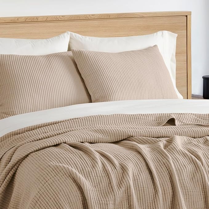EVERGRACEHOME Cotton Coverlet Set Full Queen Size 3 Pieces, Lightweight Soft Ribbed Matelassé Bedspread Quilt Set, Cozy Oversized Quilted Bedding Set with 2 Pillow Shams for All Seasons, Urban Taupe